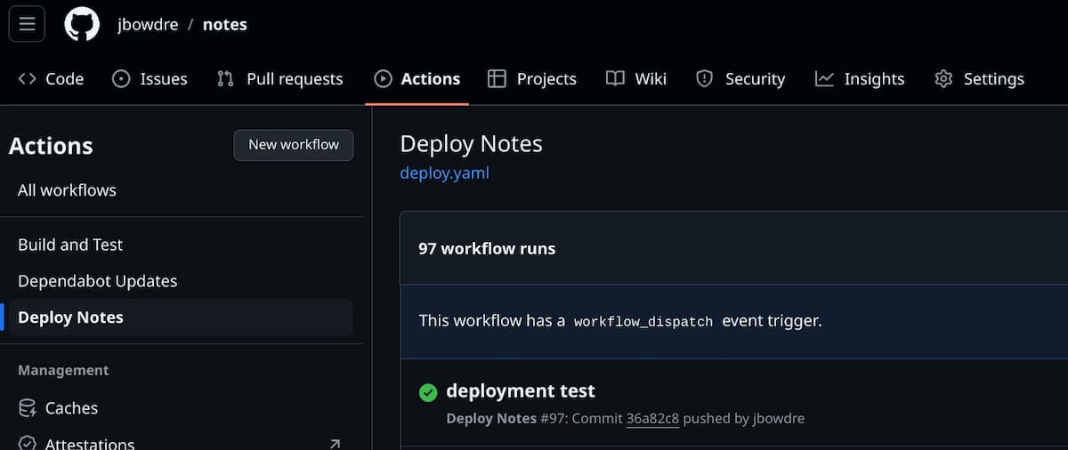 A GitHub "Actions" tab for the repository "notes" shows the "Deploy Notes" workflow. A successful "deployment test" is listed.