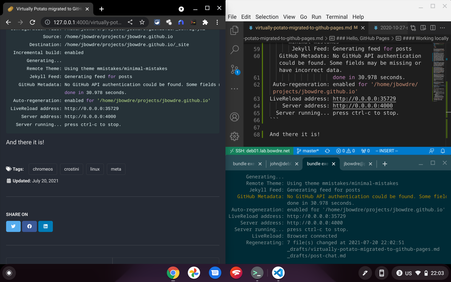 Jekyll running locally on my Chromebook