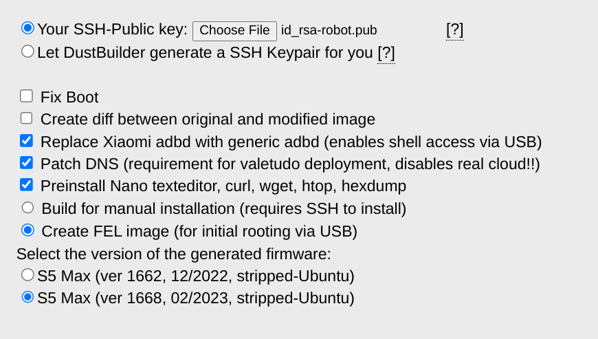 Dustbuilder interface showing that I've selected to include an RSA public key for SSH and (importantly) chosen the option to "Create FEL image".