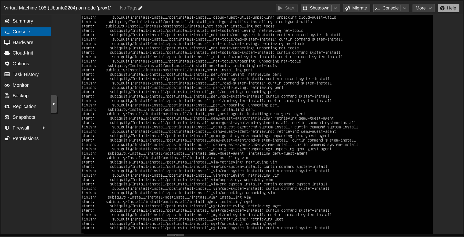 Proxmox VM console showing the installer progress