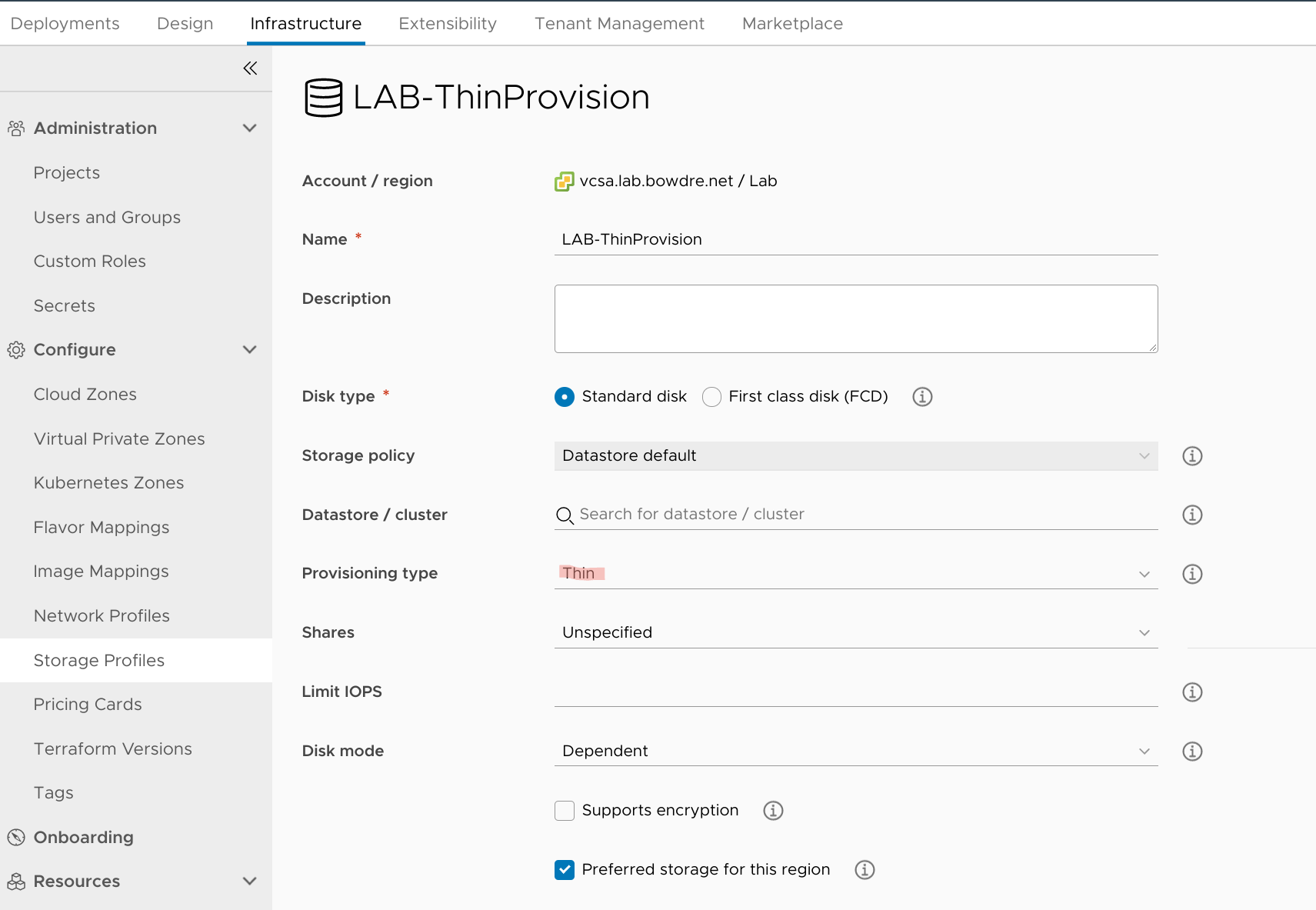 Thin-provision storage profile