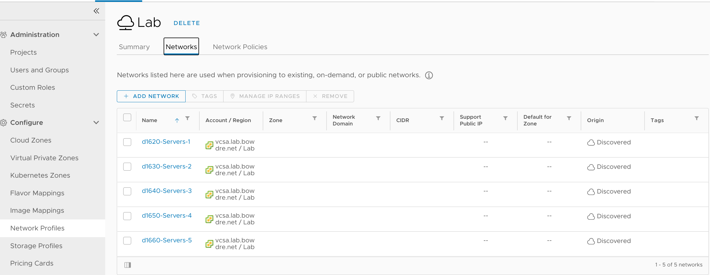 Network Profile with added vSphere networks