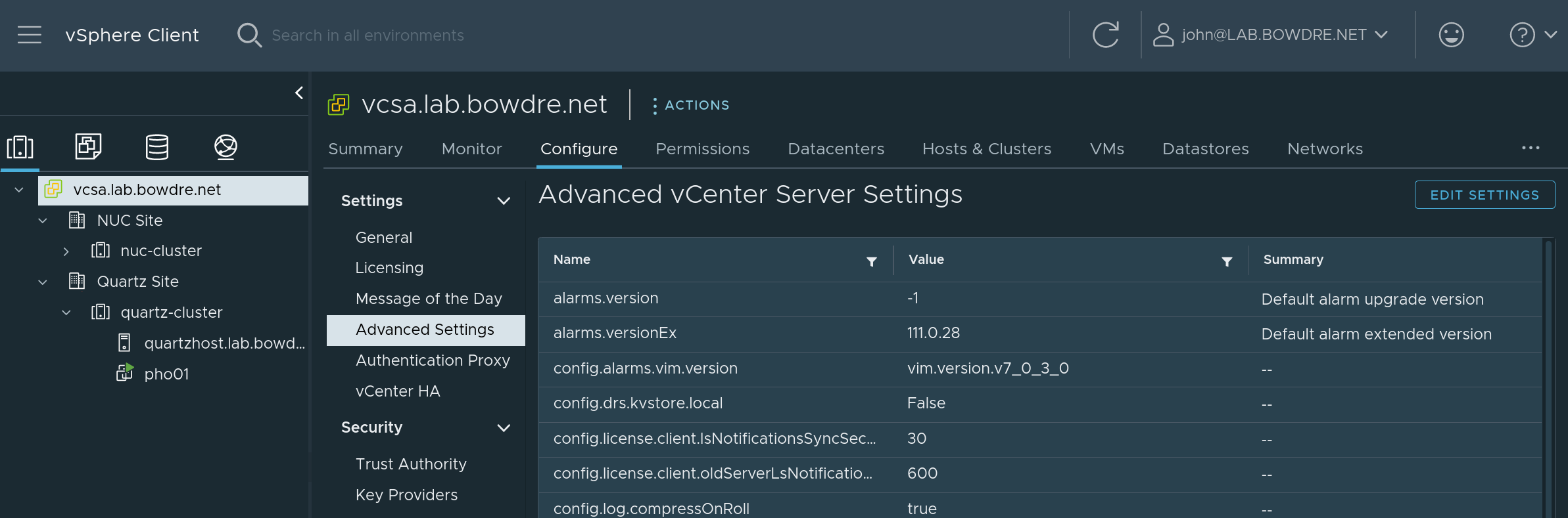 vCenter Advanced Settings