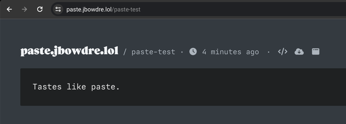 Simple webpage with the message, Tastes like paste.