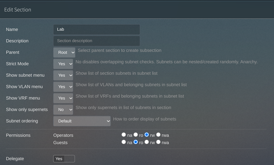 Creating a section to hold the subnets