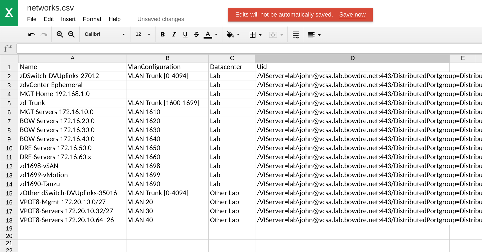 My networks.csv export, including the networks which don't match the naming criteria and will be skipped by the import process.