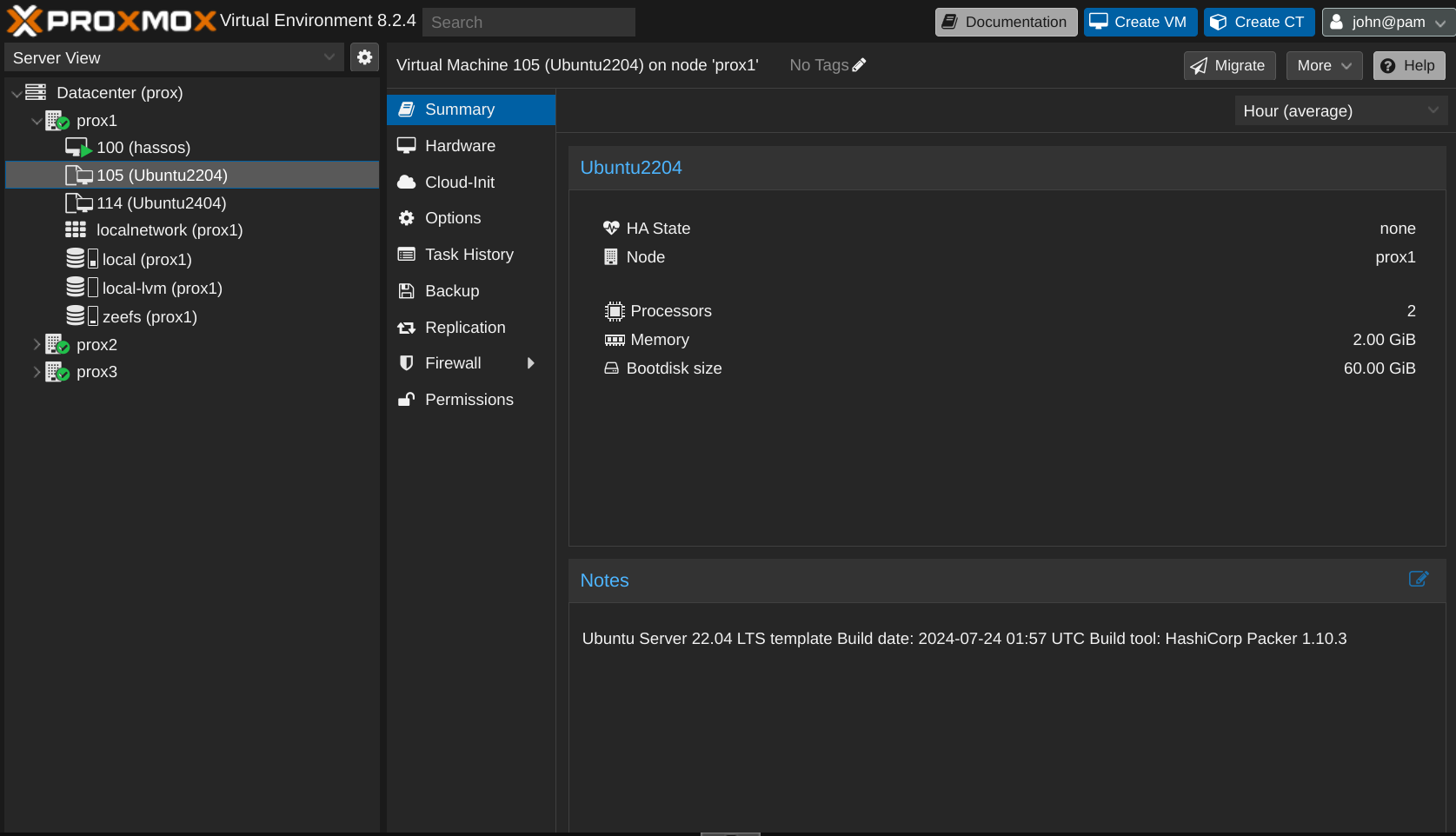 Proxmox interface showing a VM template named Ubuntu2204 with a note indicating it was recently built by Packer