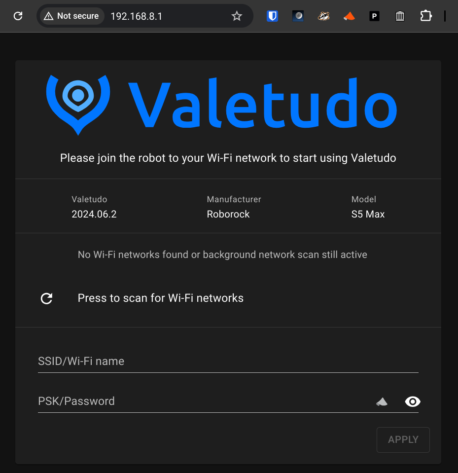 Valetudo web app prompting the user to scan for and connect to the home Wi-Fi network.