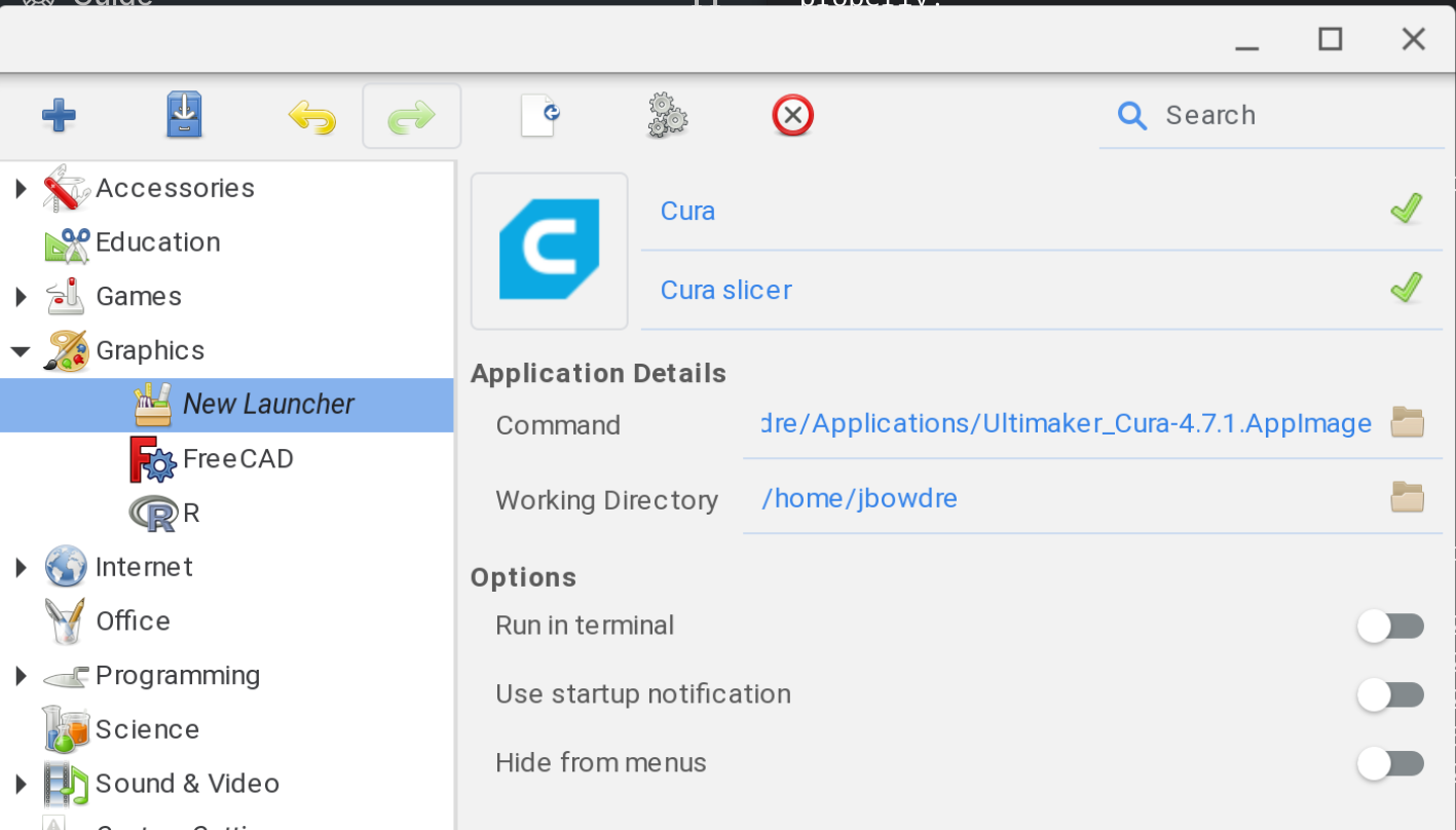 Screenshot demoing the use of 'menulibre' to create the launcher shortcut