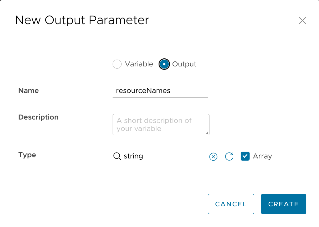 Screenshot showing the new output parameter with 'Name: resourceNames' and 'Type: string'