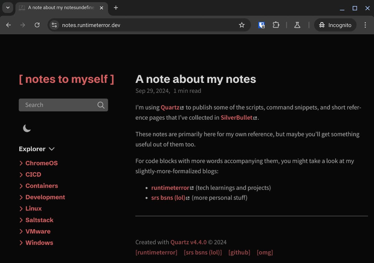 A webpage served at https://notes.runtimeterror.dev titled "A note about my notes" includes a short post describing the use of Quartz and SilverBullet for organizing scripts and references. Categories like "ChromeOS" and "Linux" are listed in the left-hand navigation panel.