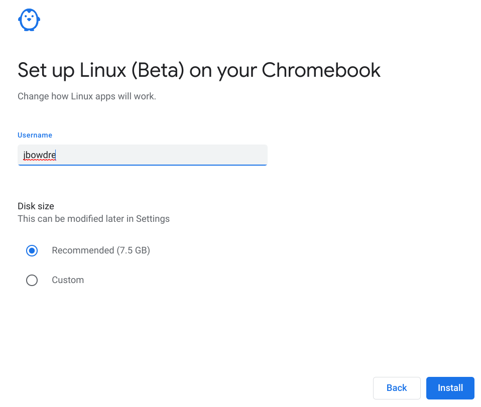 Selecting username and storage allocation