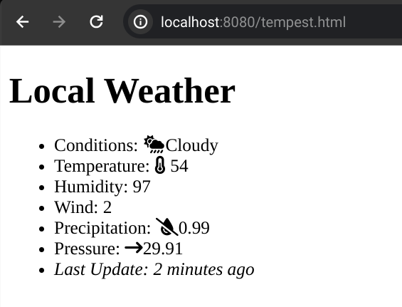 The same simple weather display but the last update is now "2 minutes ago"