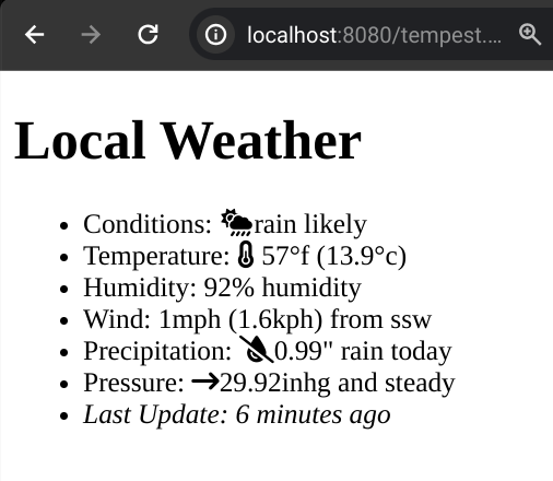 The sample webpage showing formatted strings for each weather item