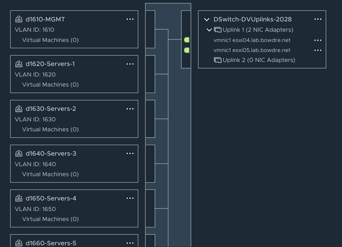 dvSwitch showing attached hosts and dvPortGroups