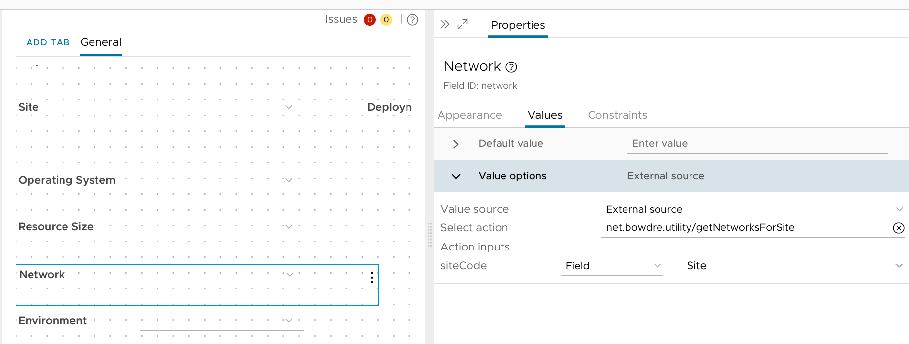 Linking the Network field to the getNetworksForSite action