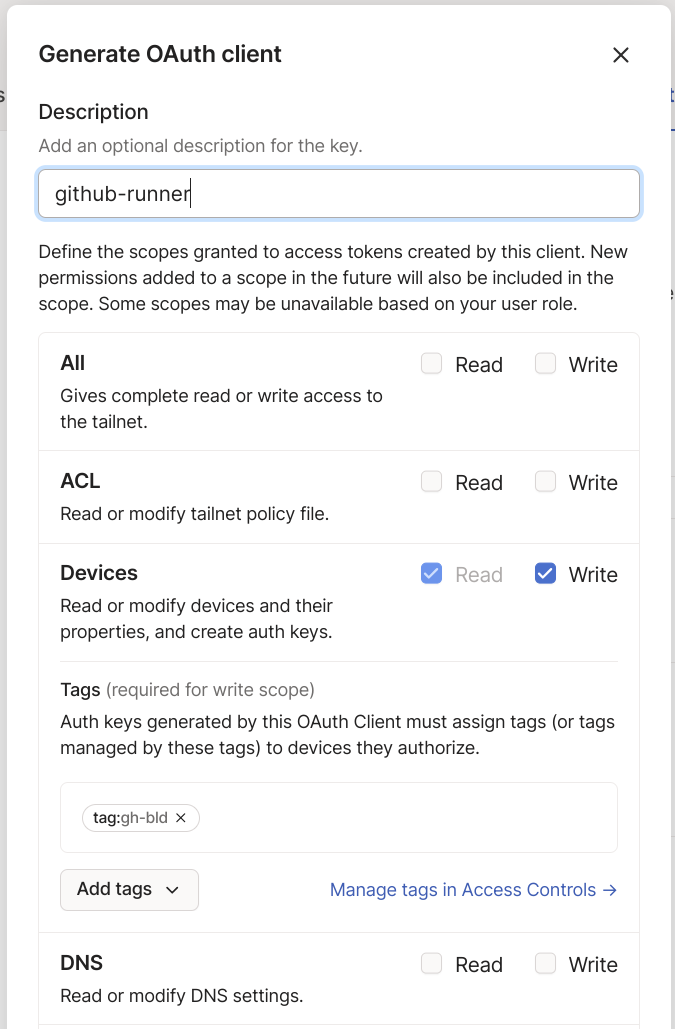 OAuth Client generation screen showing Read and Write privileges enabled for the Devices scope and the tag:gh-bld tag being applied.