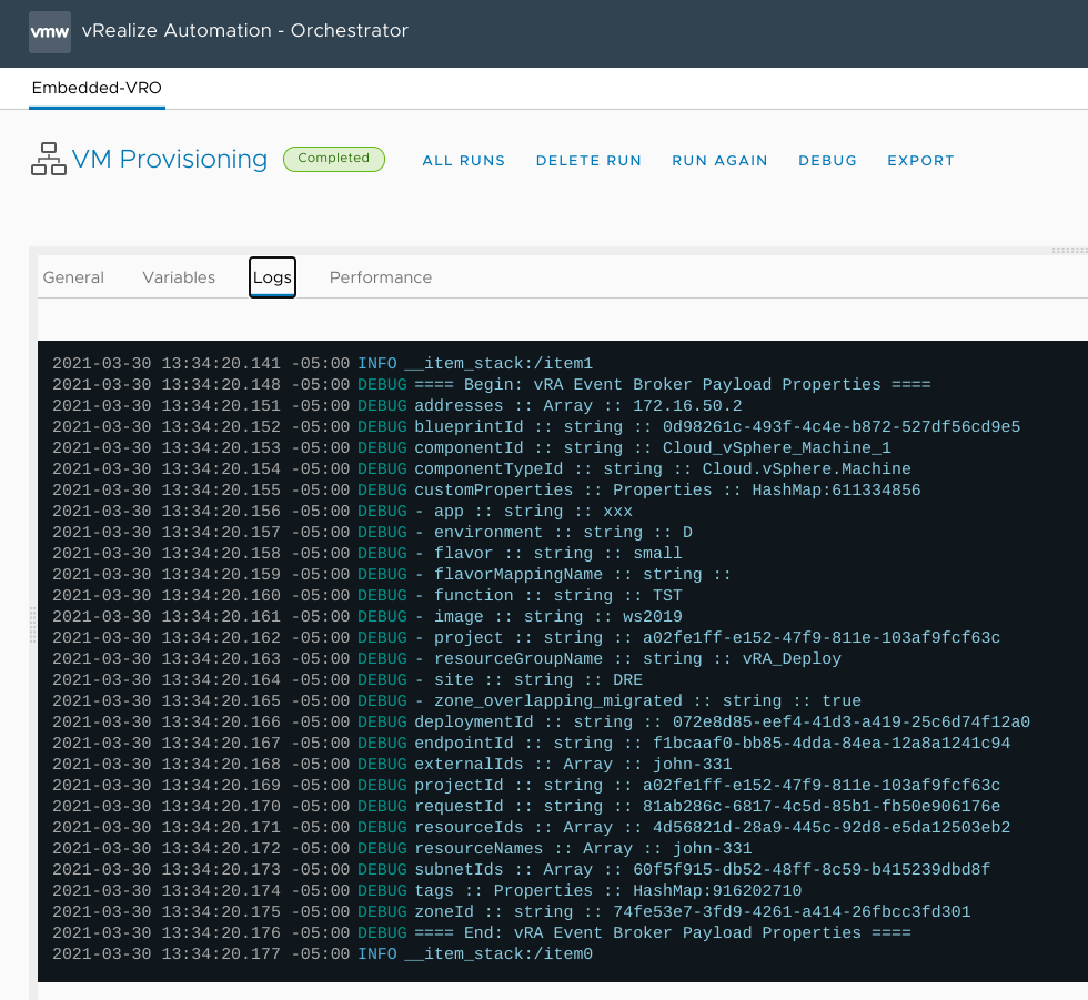 Logged payload properties