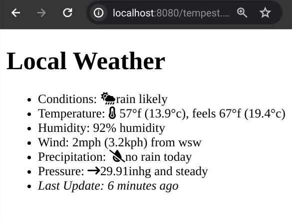 Local test page reflecting "57°f (13.9°c), feels 67°f (19.4°c)" and "no rain today"