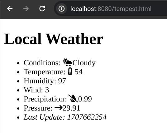 Simple local web page showing basic weather information without any units, and the timestamp is in Unix format showing the number of seconds since January 1, 1970