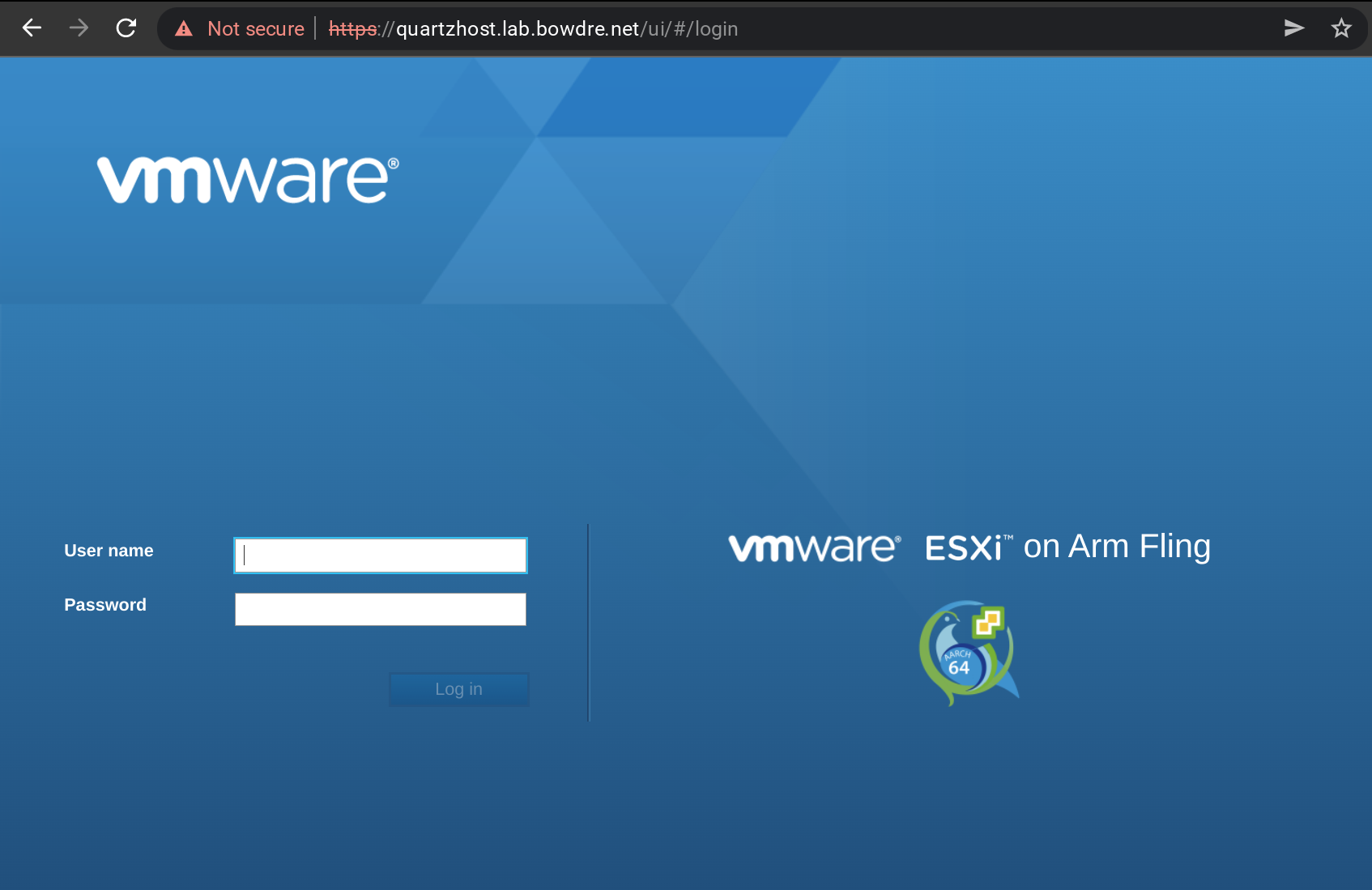 ESXi Embedded Host Client login screen