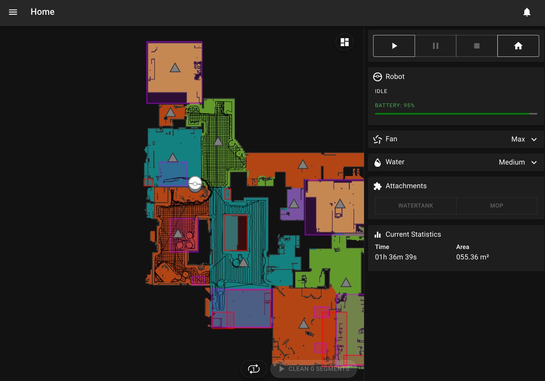 The Valetudo web interface showing a map of my house as well as some information about the robot.