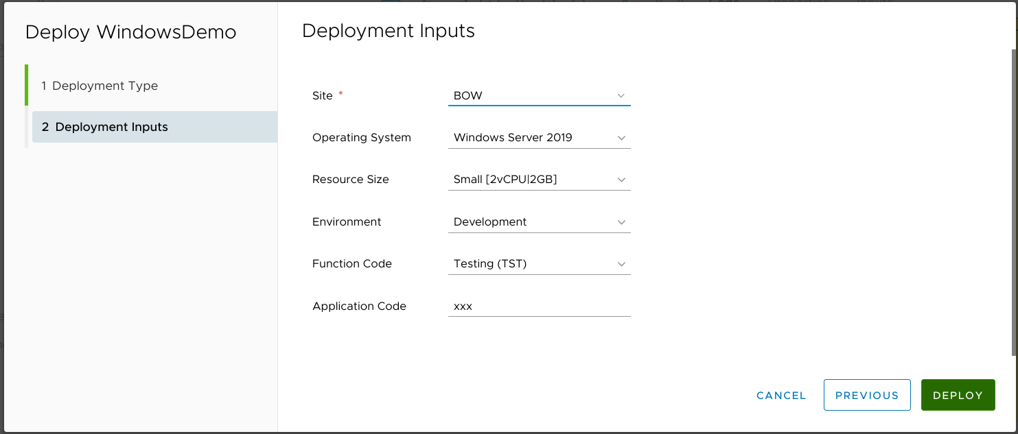 Deployment request with naming elements