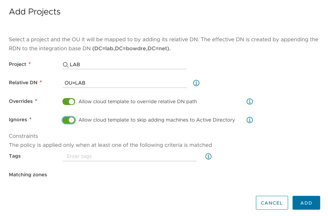 Project options for the AD integration