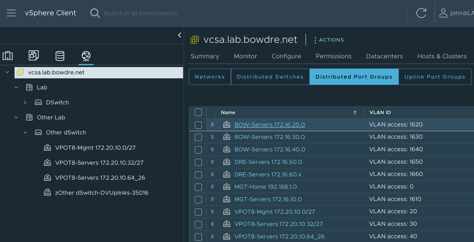 Production dvPortGroups approximated in my testing lab environment