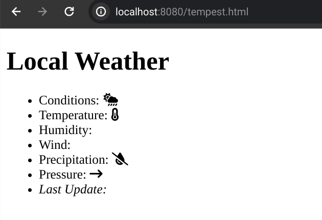 Simple local web page showing placeholders for weather information