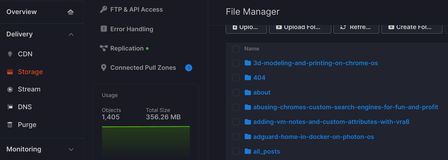 Bunny dashboard page showing the site's folder structure in the storage zone