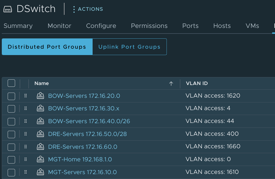 Production dvPortGroups approximated in my testing lab environment