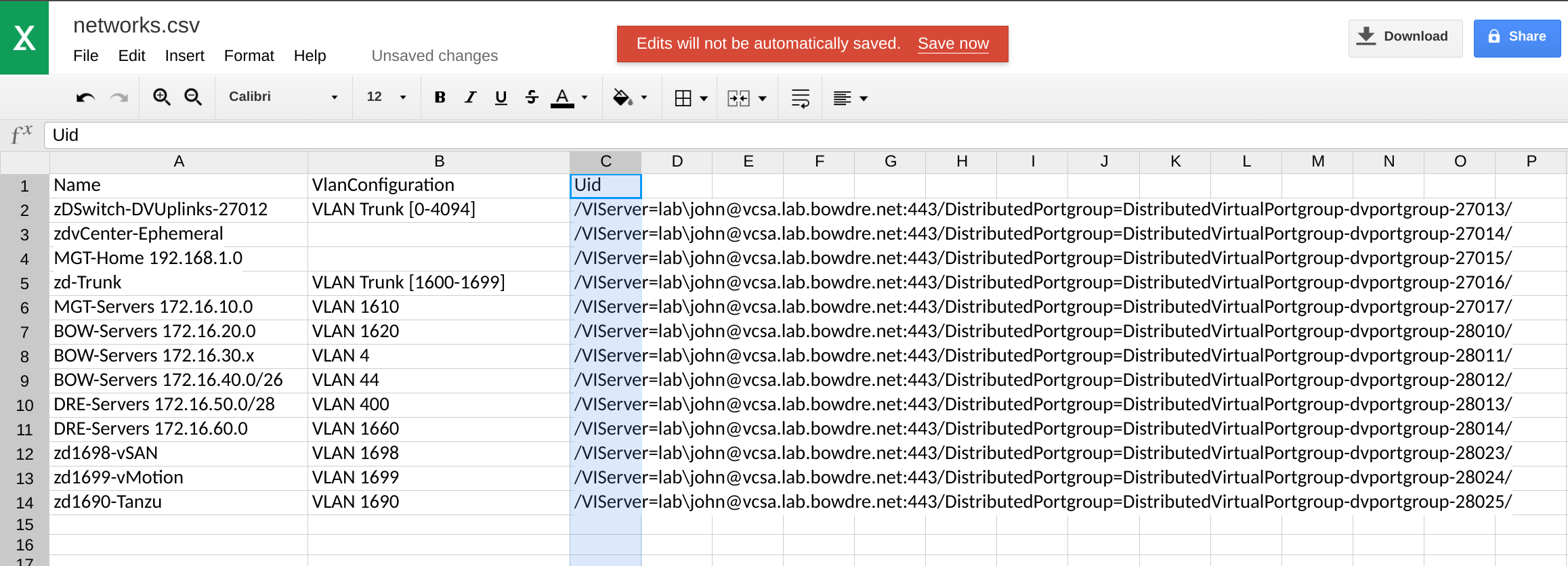 My networks.csv export, including the networks which don't match the naming criteria and will be skipped by the import process.