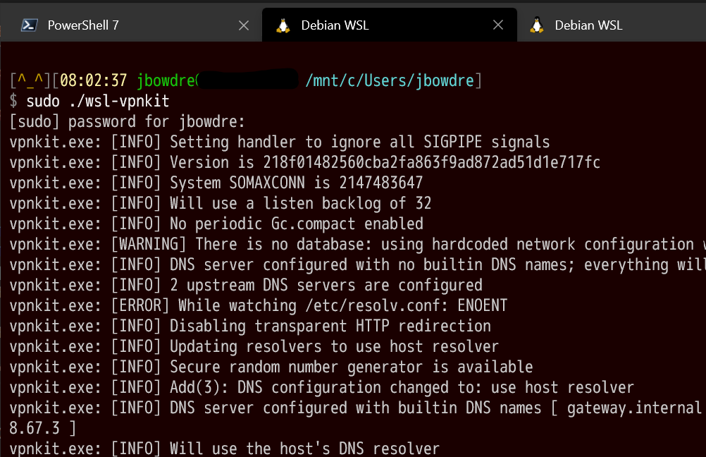 Successful connection via wsl-vpnkit